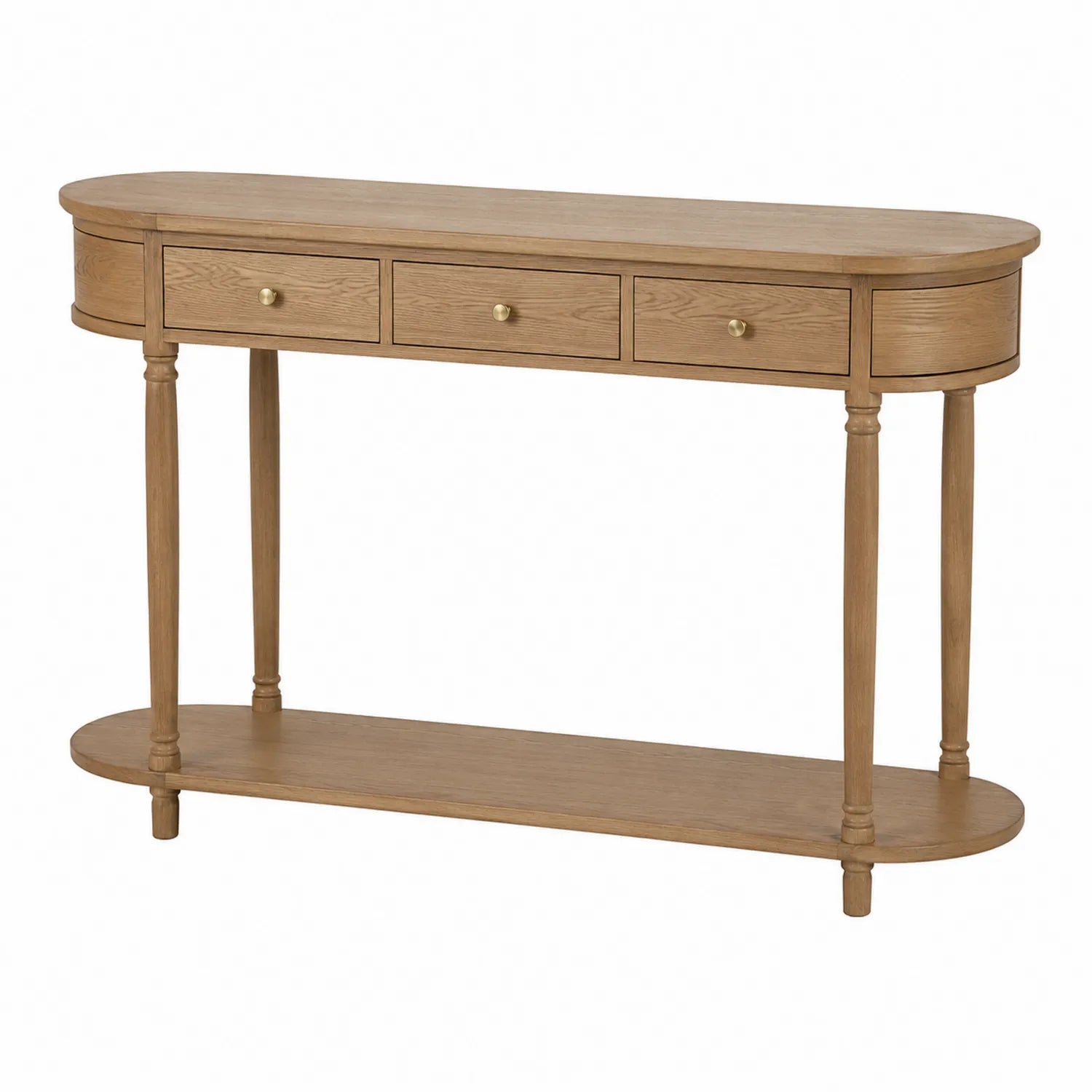 Table console ovale en bois avec tiroirs et étagère