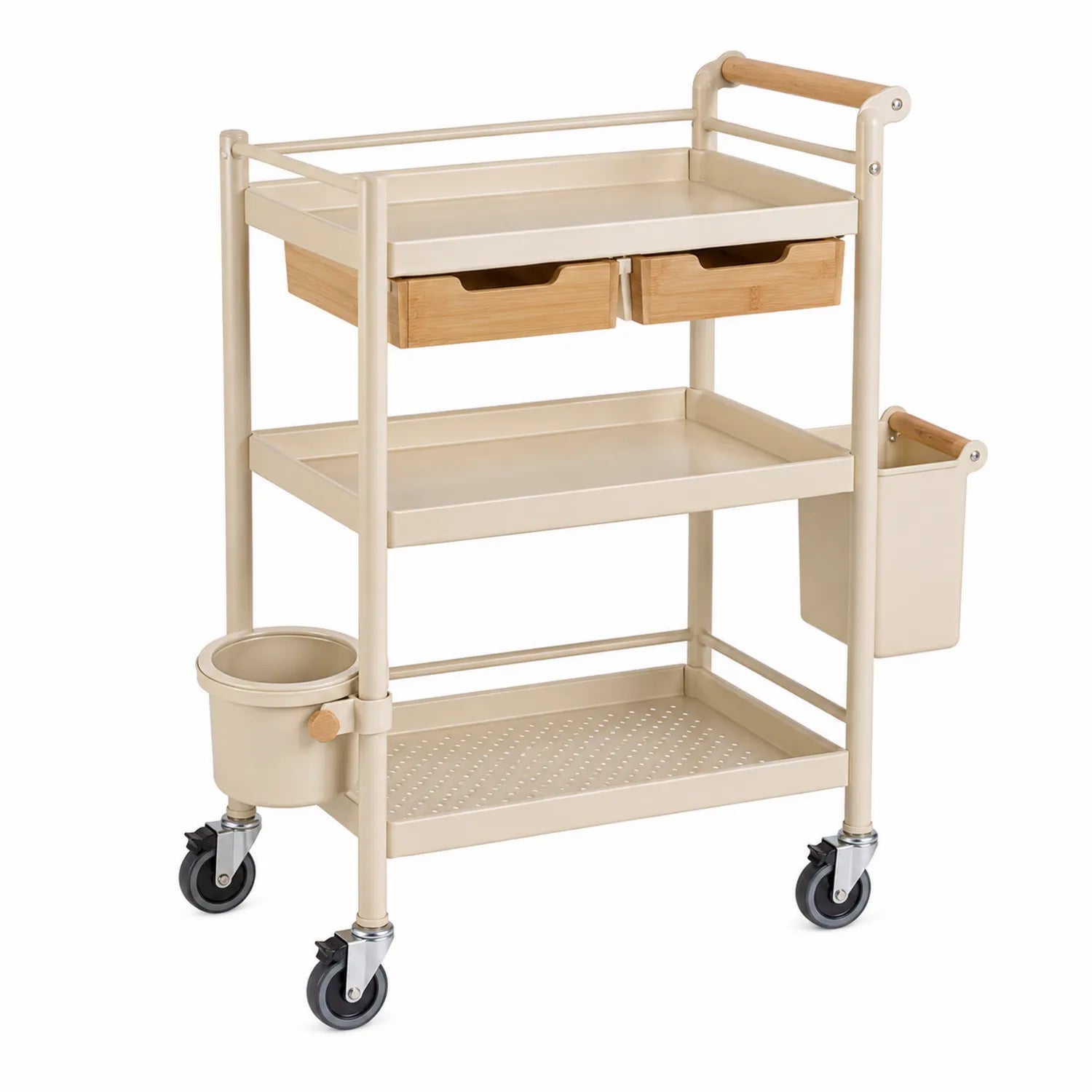 Chariot de Rangement en Métal et Bois à 3 Niveaux Beige avec Roulettes