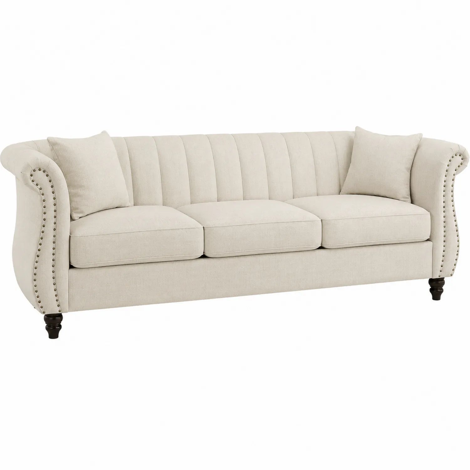 Canapé 3 places en tissu lin beige avec pieds en bois