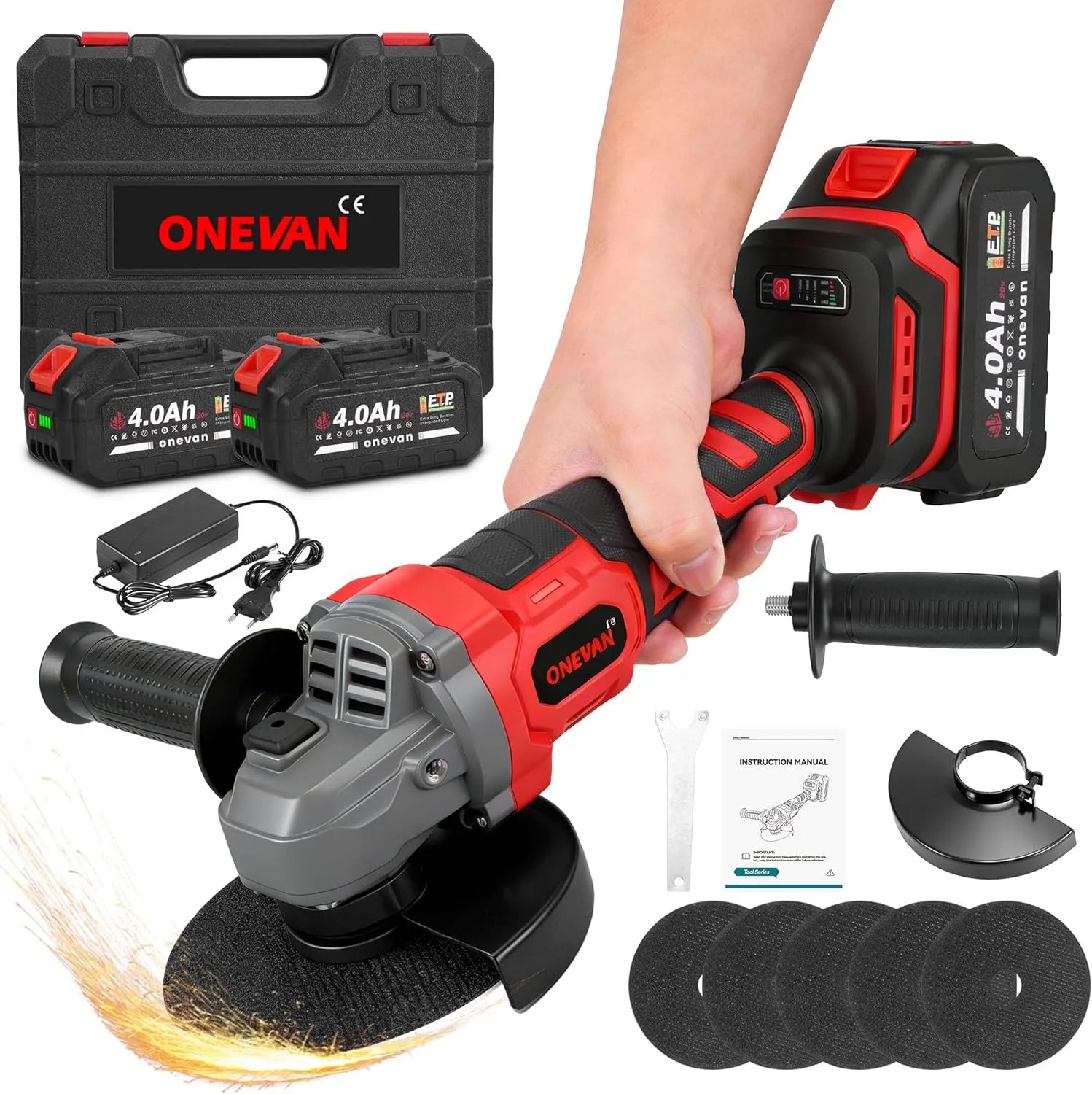 Meuleuse d'angle – sans fil, moteur sans balais, avec poignée, usage professionnel, 125mm, 20V, 4.0Ah