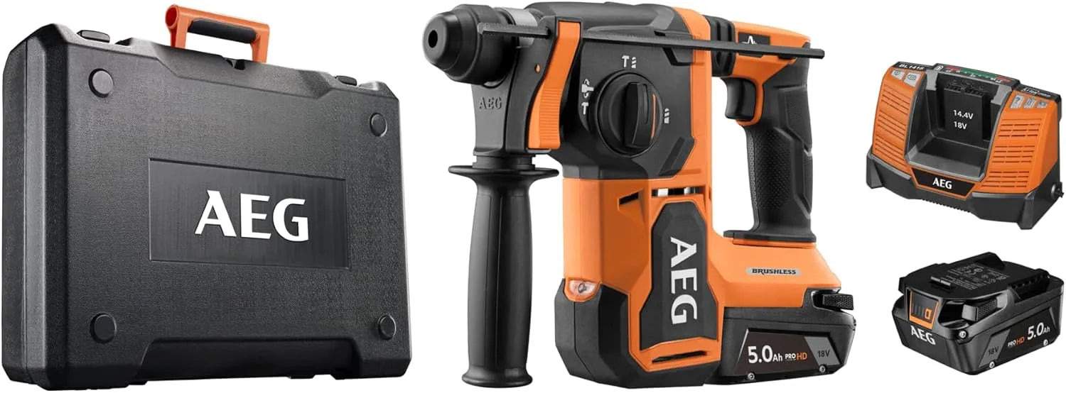 AEG Perforateur burineur SDS+ 18V BRUSHLESS: moteur sans balais, 26 mm, 5,0 Ah, pour le béton