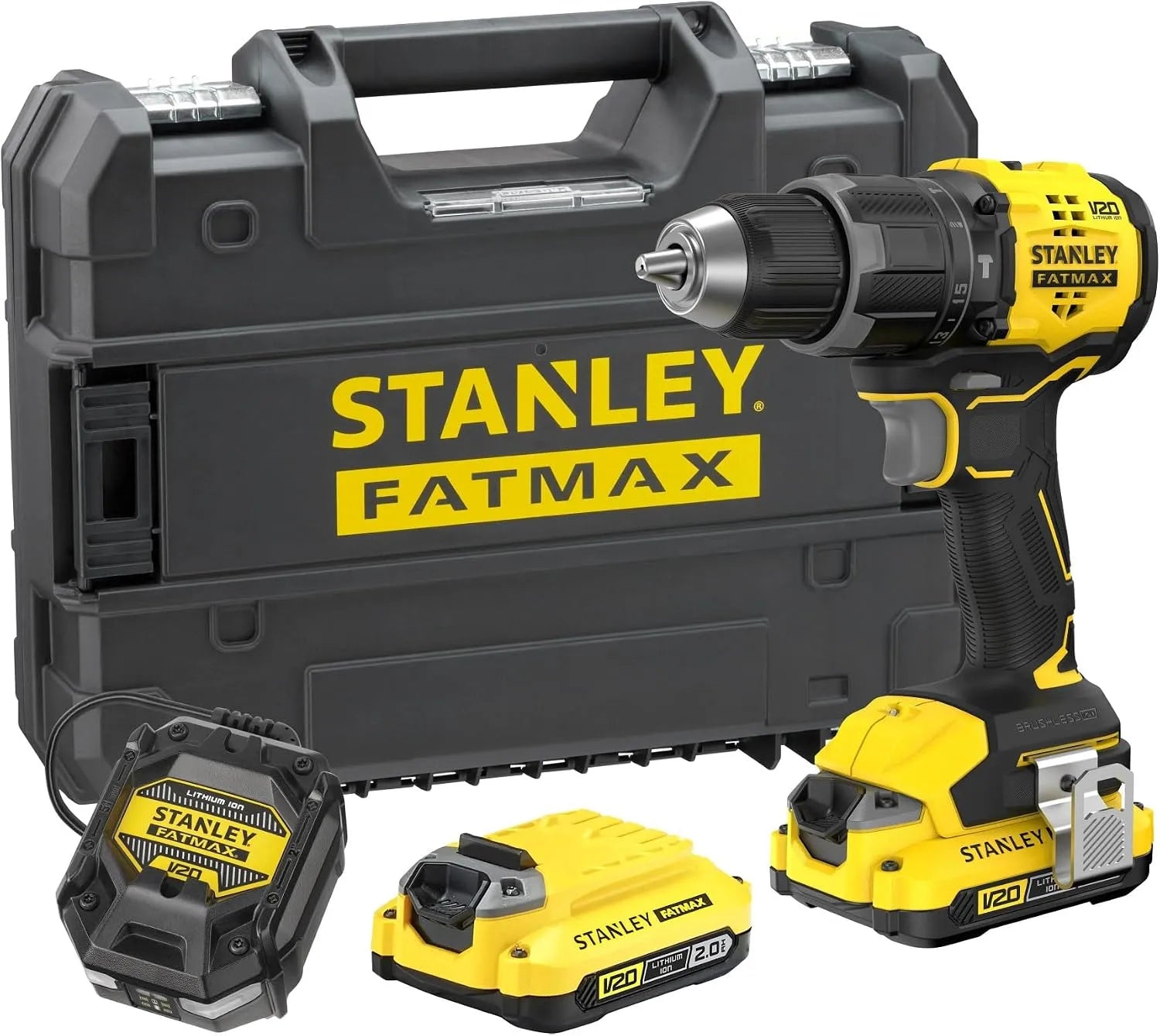 Stanley V20 SFMCD716D2T-QW Perceuse-visseuse et visseuse électrique: sans fil, moteur sans balais, 2.0Ah, 18V, 2 vitesses