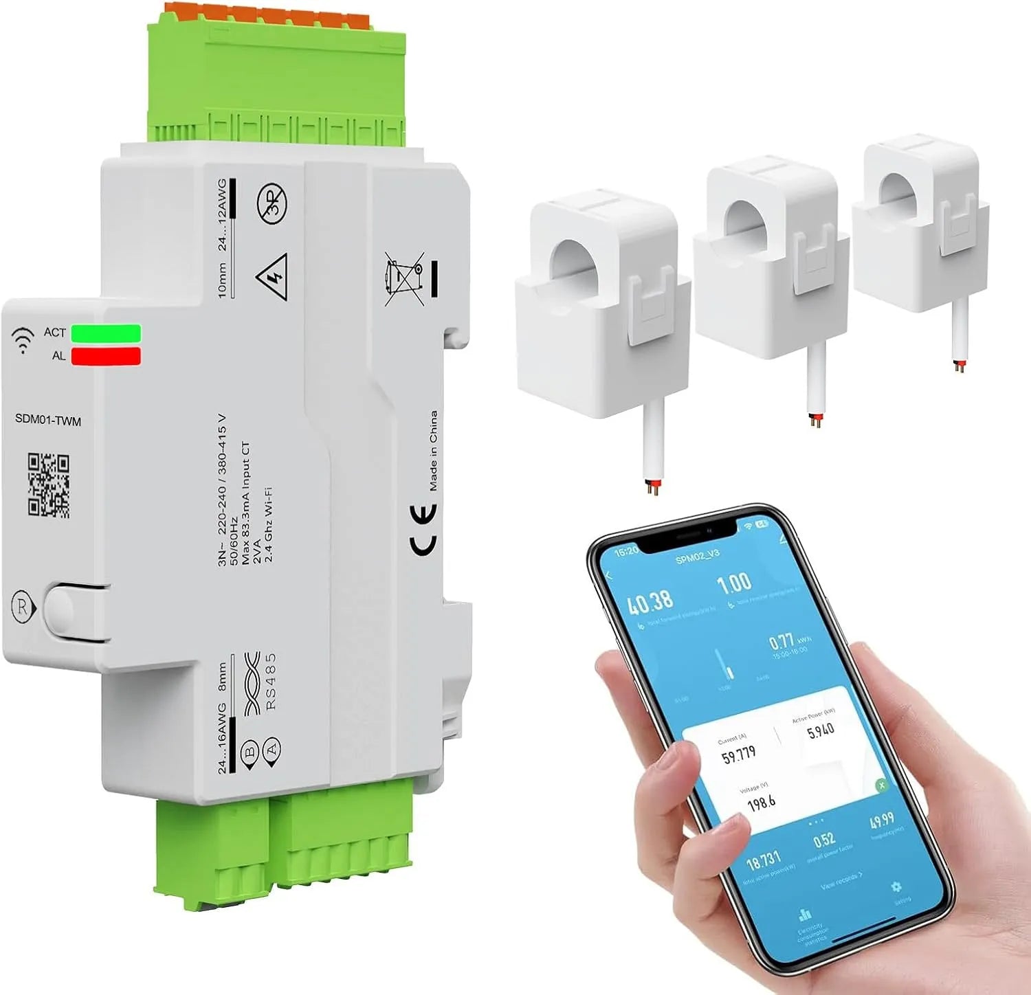 Yasorn Compteur d'Énergie WiFi Triphasé avec 3 Transformateurs de Courant 80 A, Tension et Puissance, Smart Life/Tuya