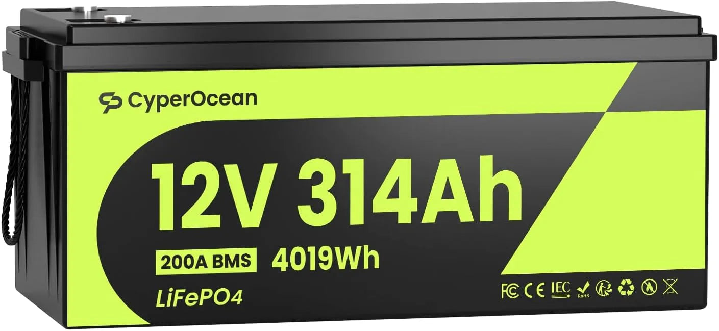 LiFePO4 Batterie lithium LiFePO4 et batterie solaire à décharge profonde, alimentation solaire, 314Ah, 4019Wh, 12V, 200A, avec BMS