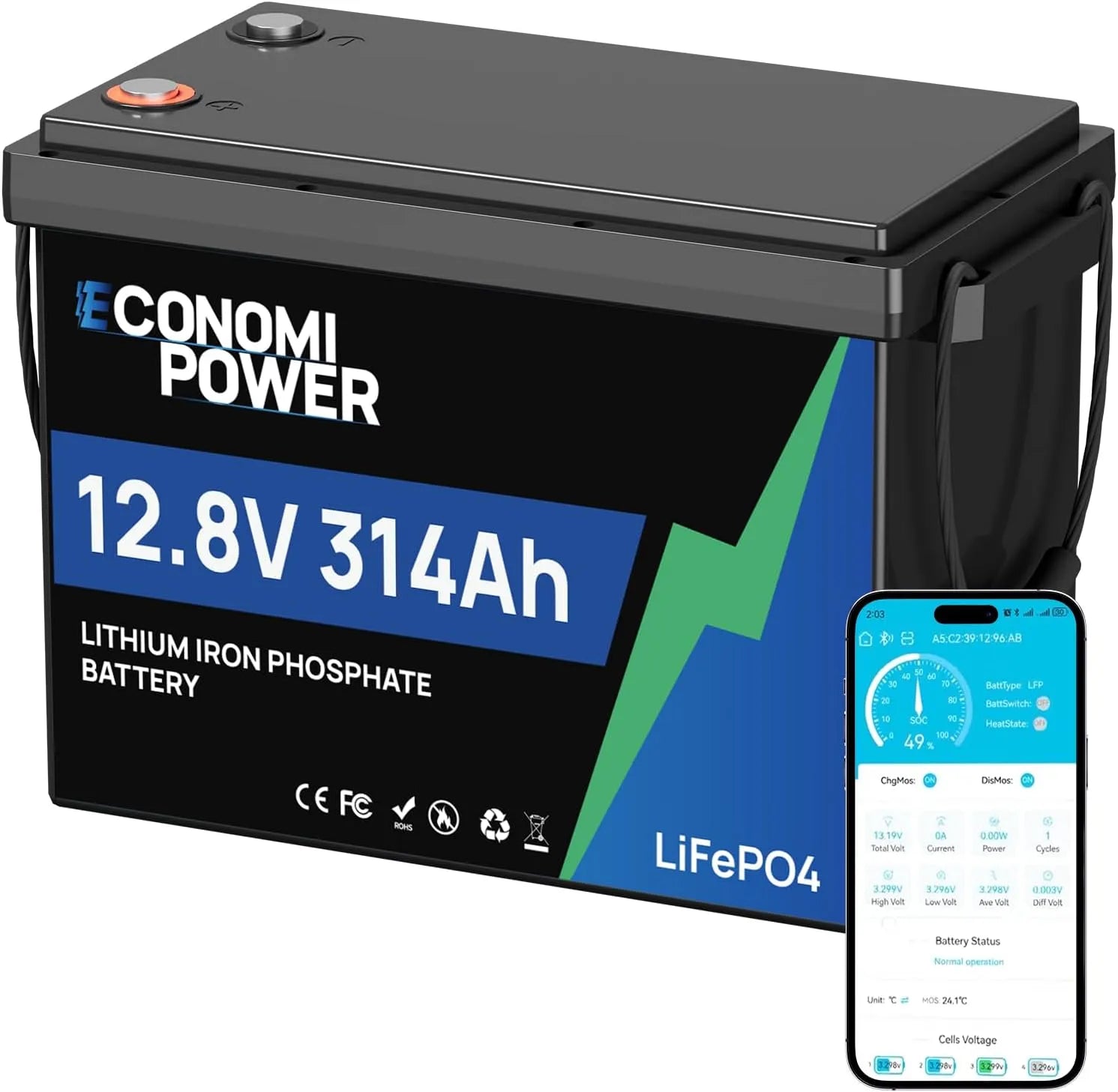 LiFePO4 Batterie lithium LiFePO4 et batterie solaire à décharge profonde, avec BMS, 314 Ah, 300 Ah, 12 V, 200 A, contrôle par application