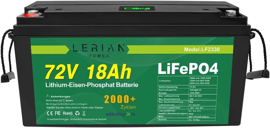 LiFePO4 Batterie lithium LiFePO4 et batterie solaire à décharge profonde, 18 Ah, 1296 Wh, 72 V, 20 A, pour camping et camping-car