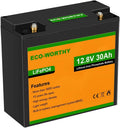 ECO-WORTHY LiFePO4 Batterie lithium LiFePO4 et batterie solaire à décharge profonde, 30 Ah, alimentation solaire, avec BMS, 12 V