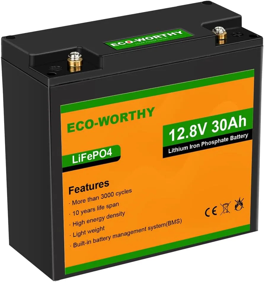 ECO-WORTHY LiFePO4 Batterie lithium LiFePO4 et batterie solaire à décharge profonde, 30 Ah, alimentation solaire, avec BMS, 12 V