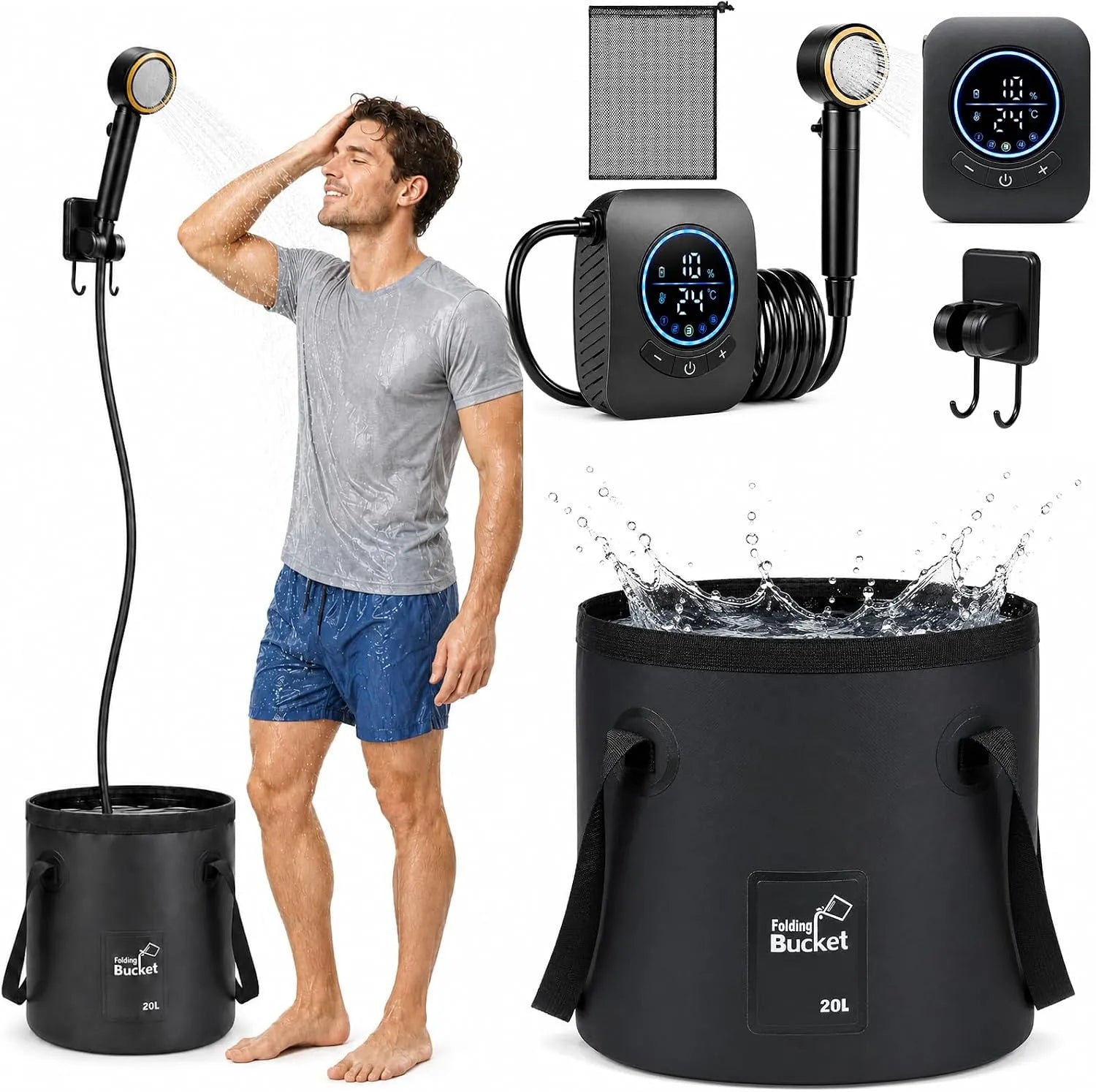 Douche Camping avec Pompe et Seau Pliable 20L Camping Douche Portable 8000mAh Pompe de Douche Rechargeable avec Affichage Numérique