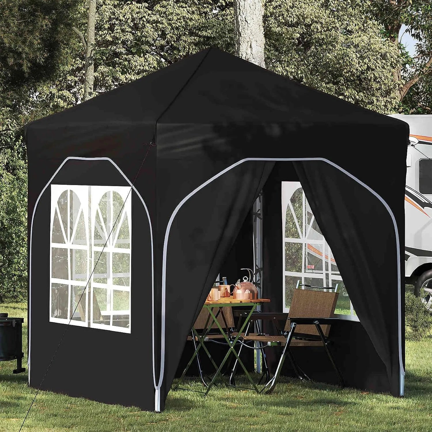 plage, Tente de fête pop-up - Noir - 192 x 192 x 245 cm - Pliable avec 4 panneaux latéraux - Tente de jardin imperméable avec protection solaire UV -