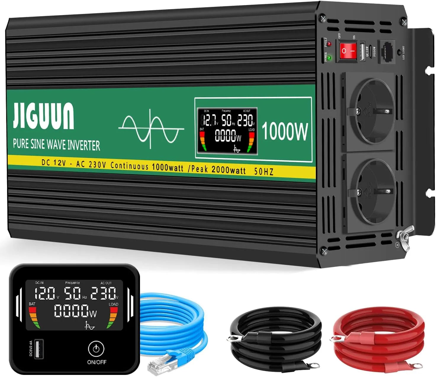 JIGUUN 1000W Convertisseur 12V 220V Pur Sinus Onduleur transformateur