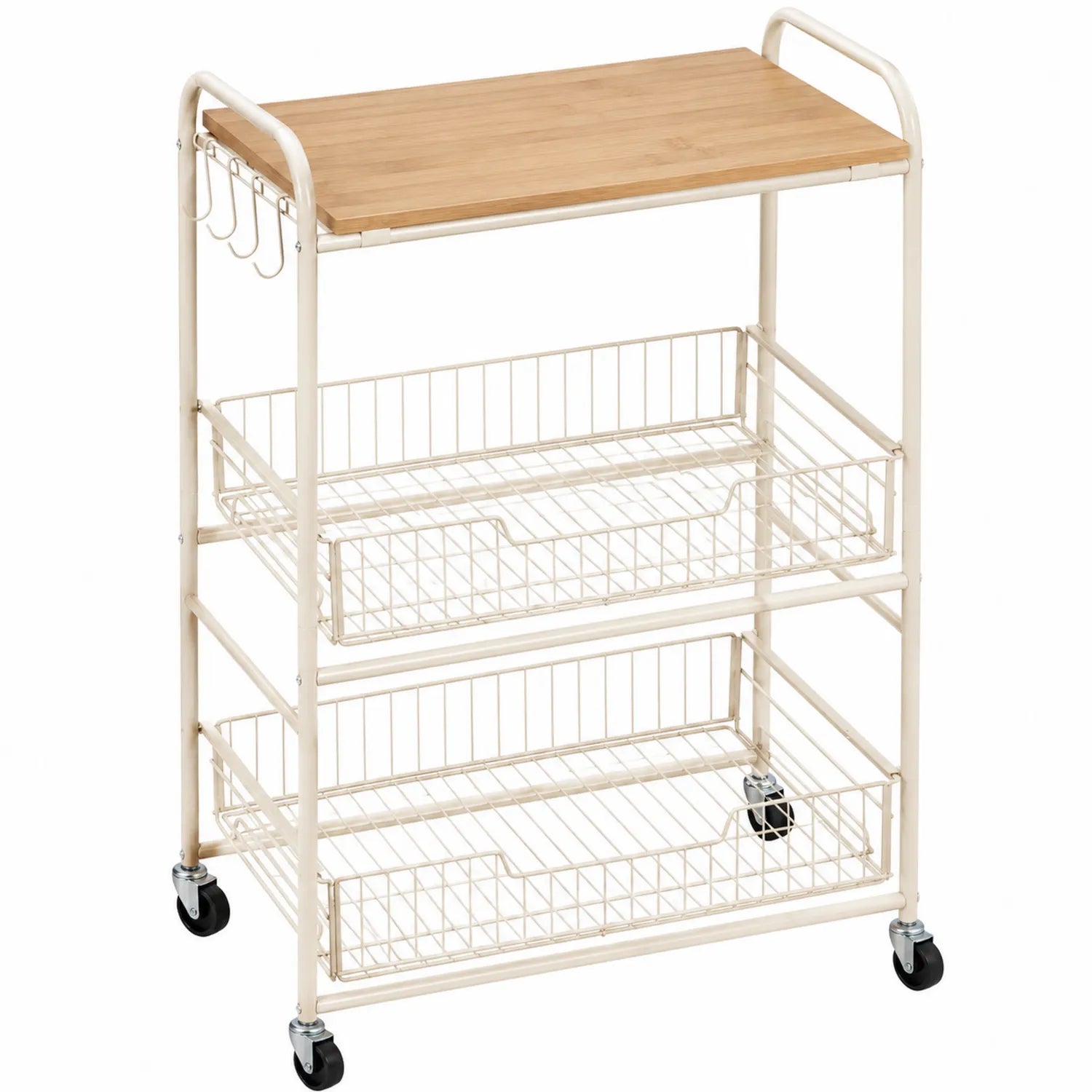 Chariot de cuisine en métal à roulettes avec plateau en bambou 3 niveaux