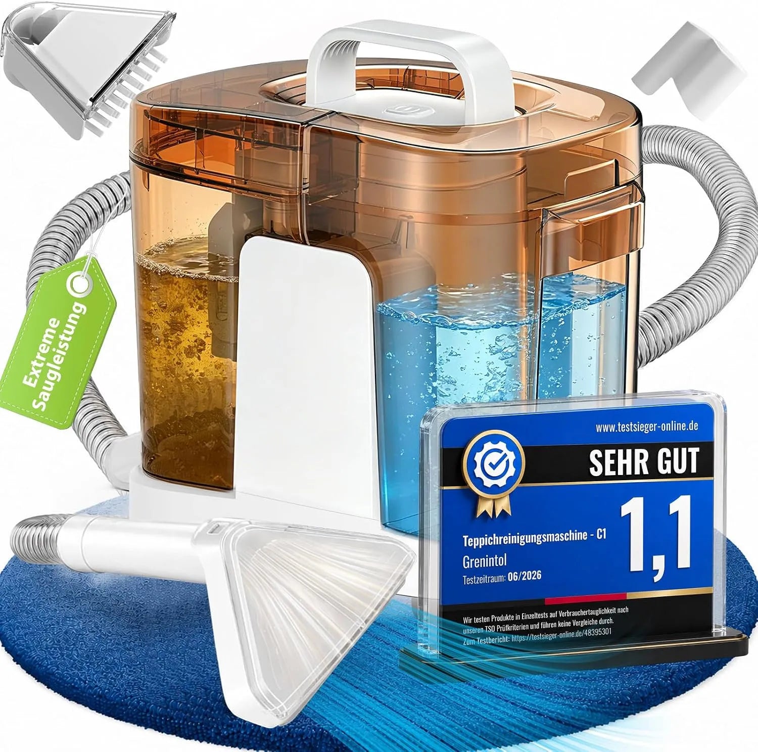 Nettoyeur injecteur-extracteur et shampouineuse tapis, autonettoyante, 600W, pour l'entretien automobile, marron