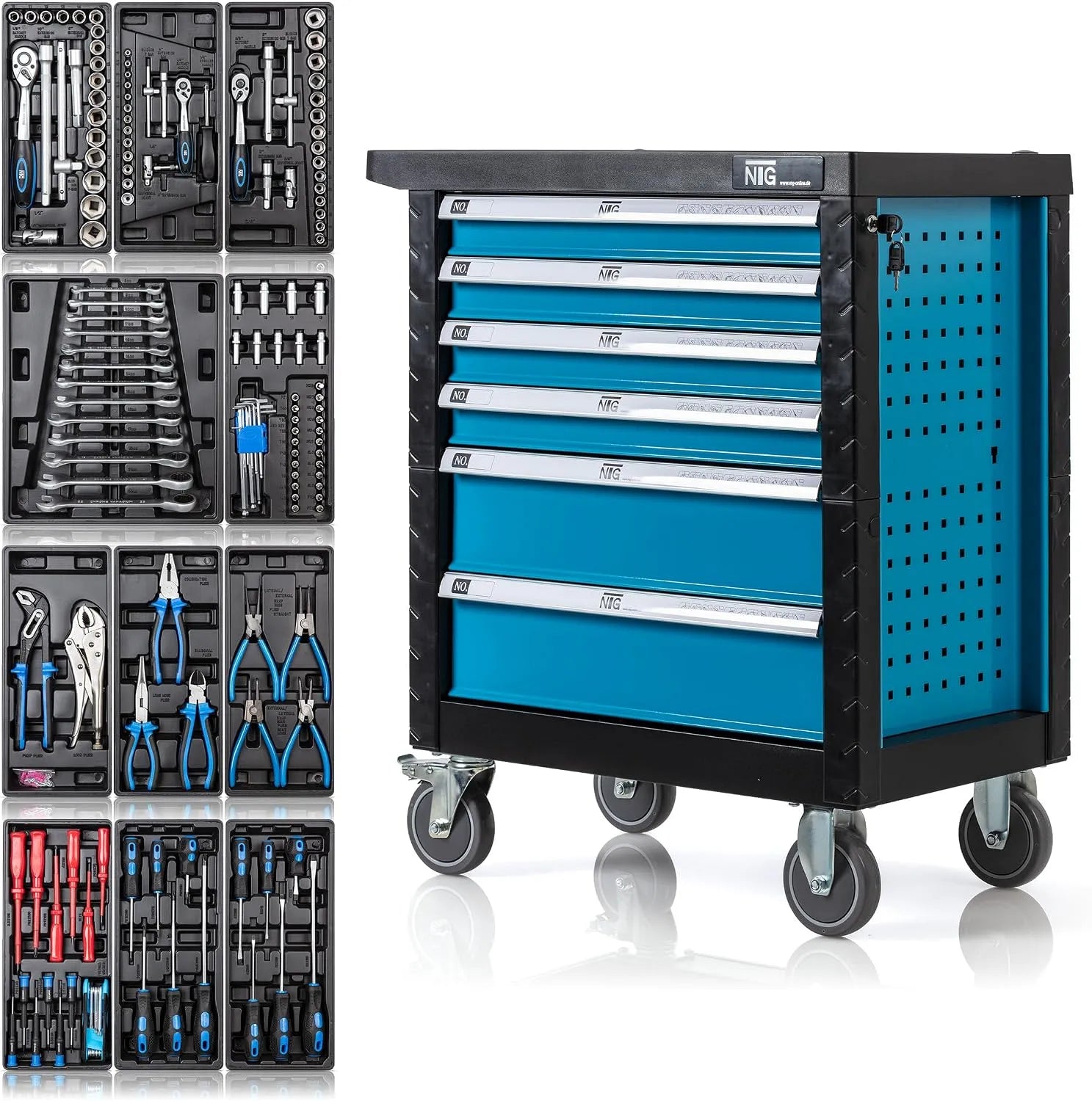 Chariot à Outils – format mobile, avec tiroirs, verrouillable, 220 pièces, 6 tiroirs