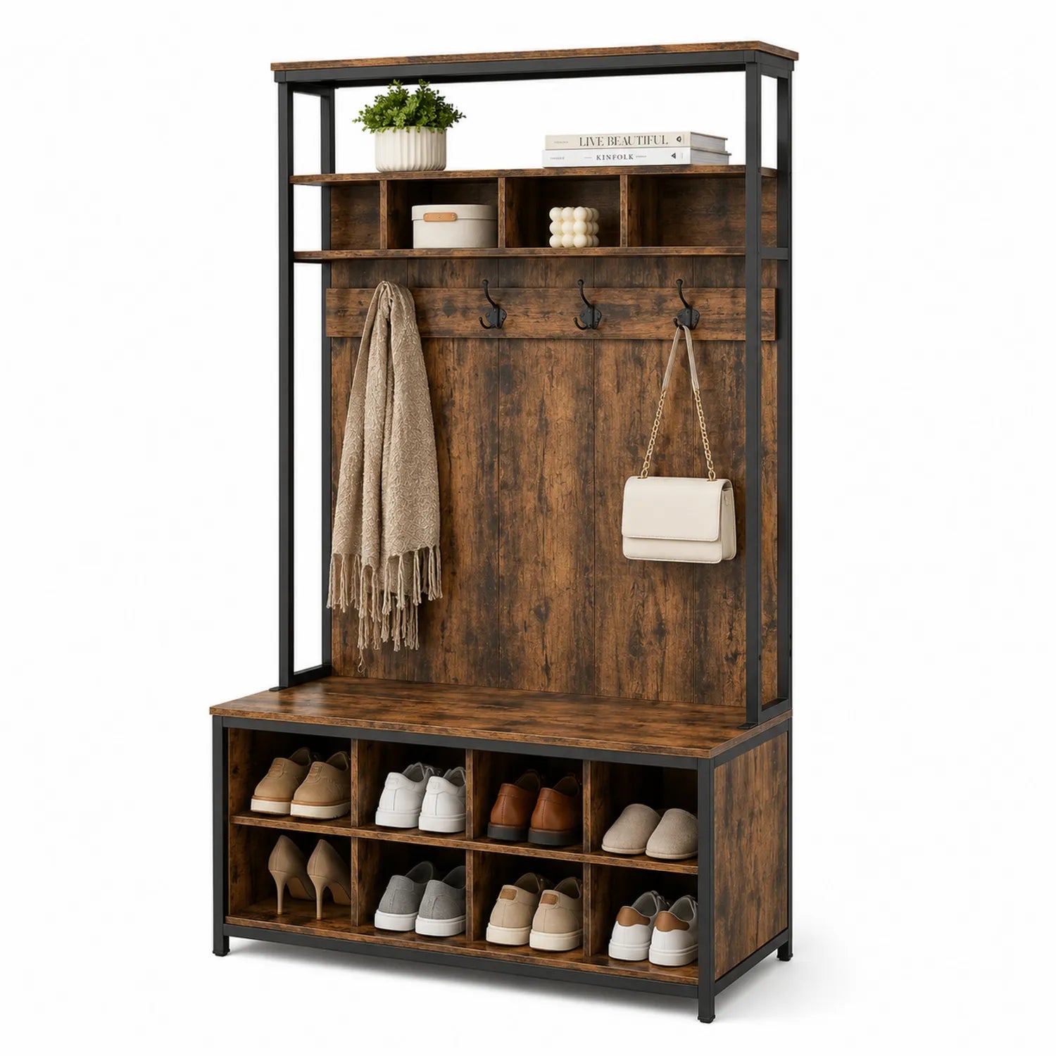 Portemanteau avec banc en bois et métal avec étagères de rangement