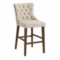 Tabouret de bar en bois et lin beige avec dossier capitonné