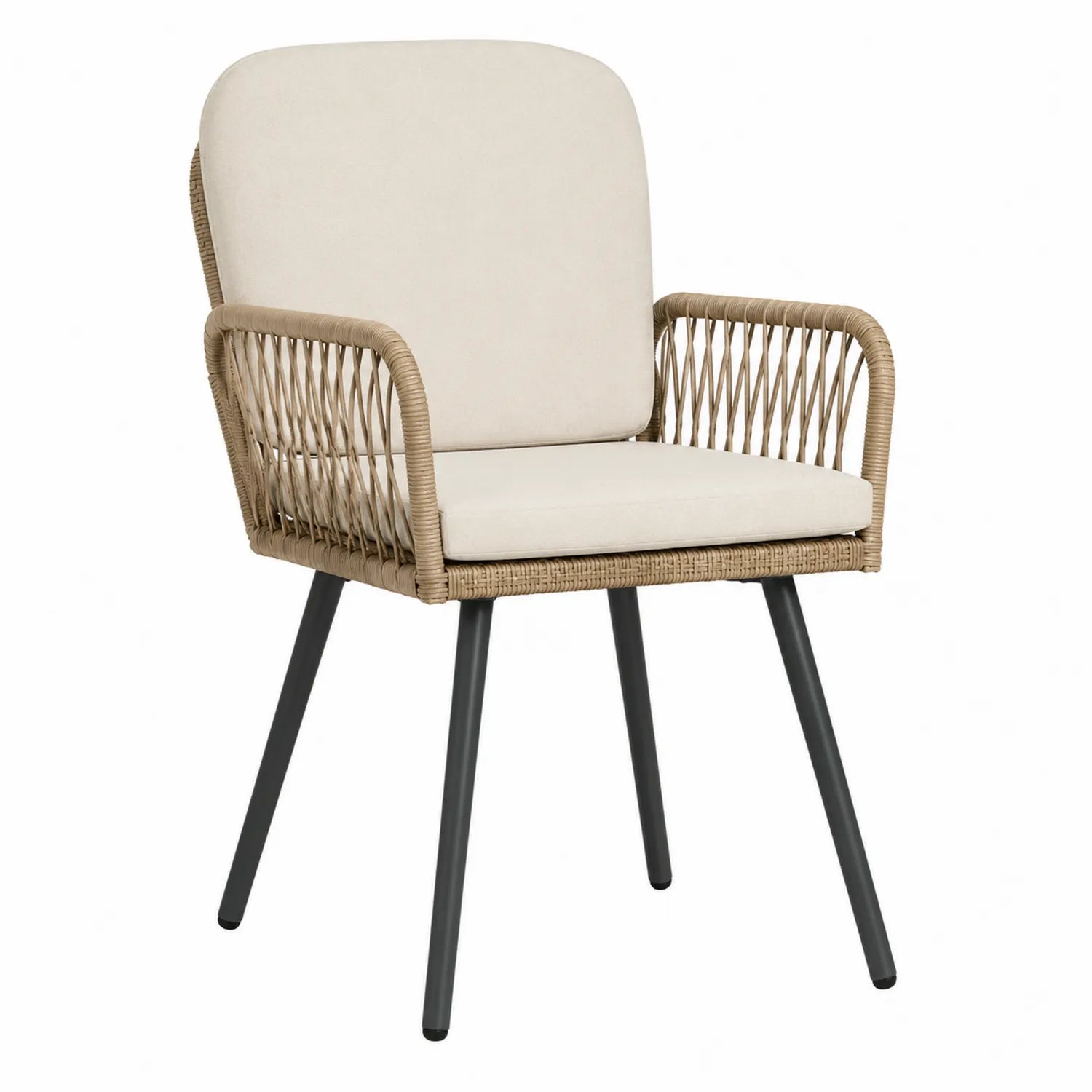 Chaise en rotin synthétique beige avec accoudoirs et métal noir