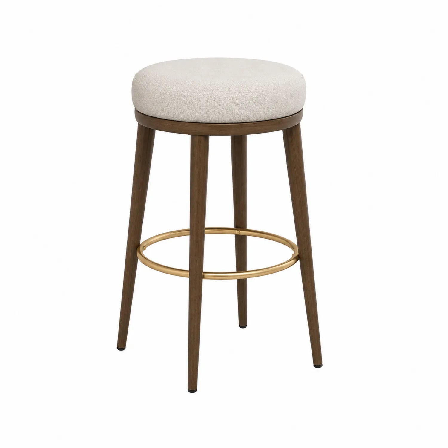 Tabouret de bar en bois avec assise en tissu beige et repose-pieds en métal doré