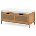 Banc de rangement en bois avec coussin en tissu de lin gris clair