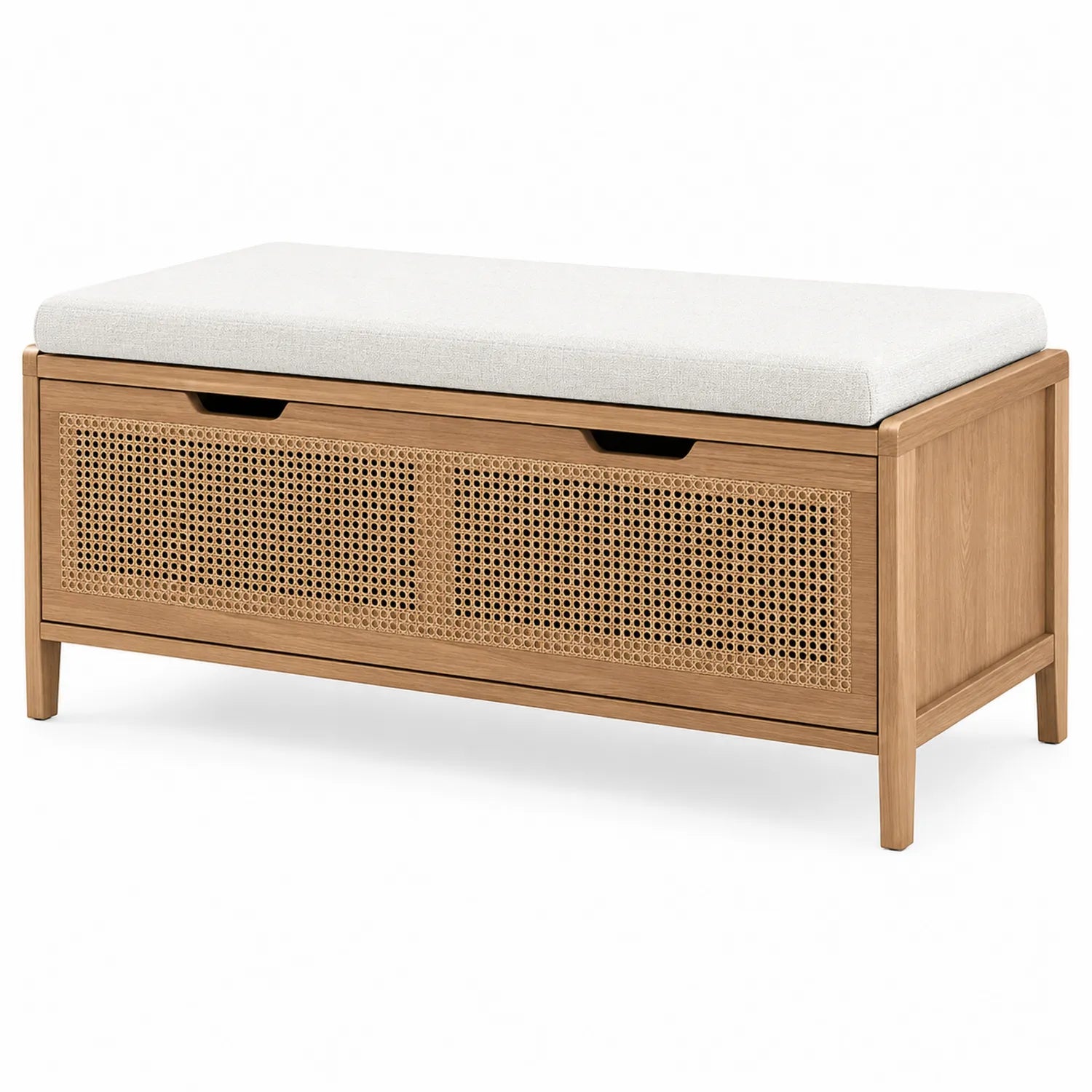Banc de rangement en bois avec coussin en tissu de lin gris clair