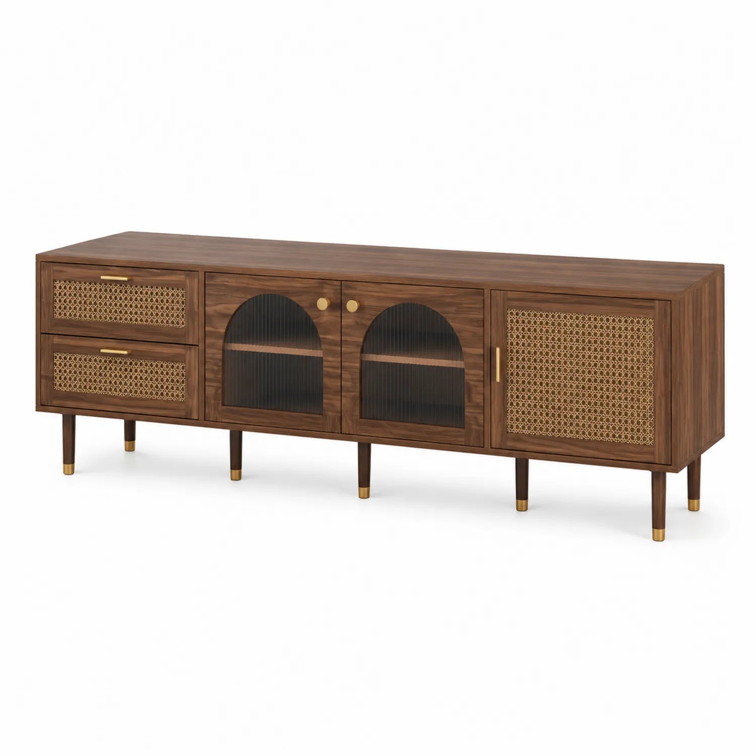 Meuble TV en bois marron avec portes en verre et cannage 180x45x60 cm