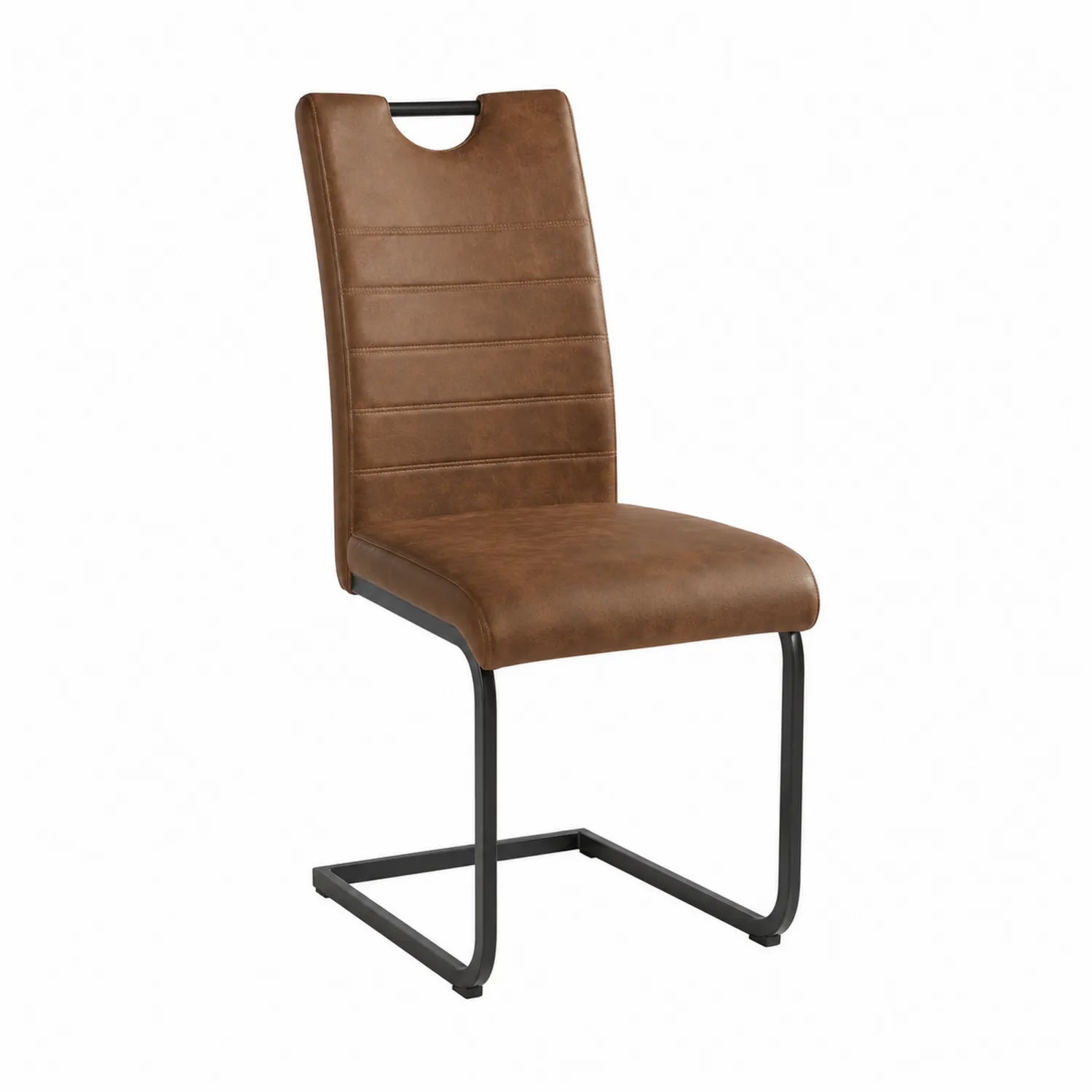 Chaise de salle à manger en cuir synthétique marron avec cadre en métal noir