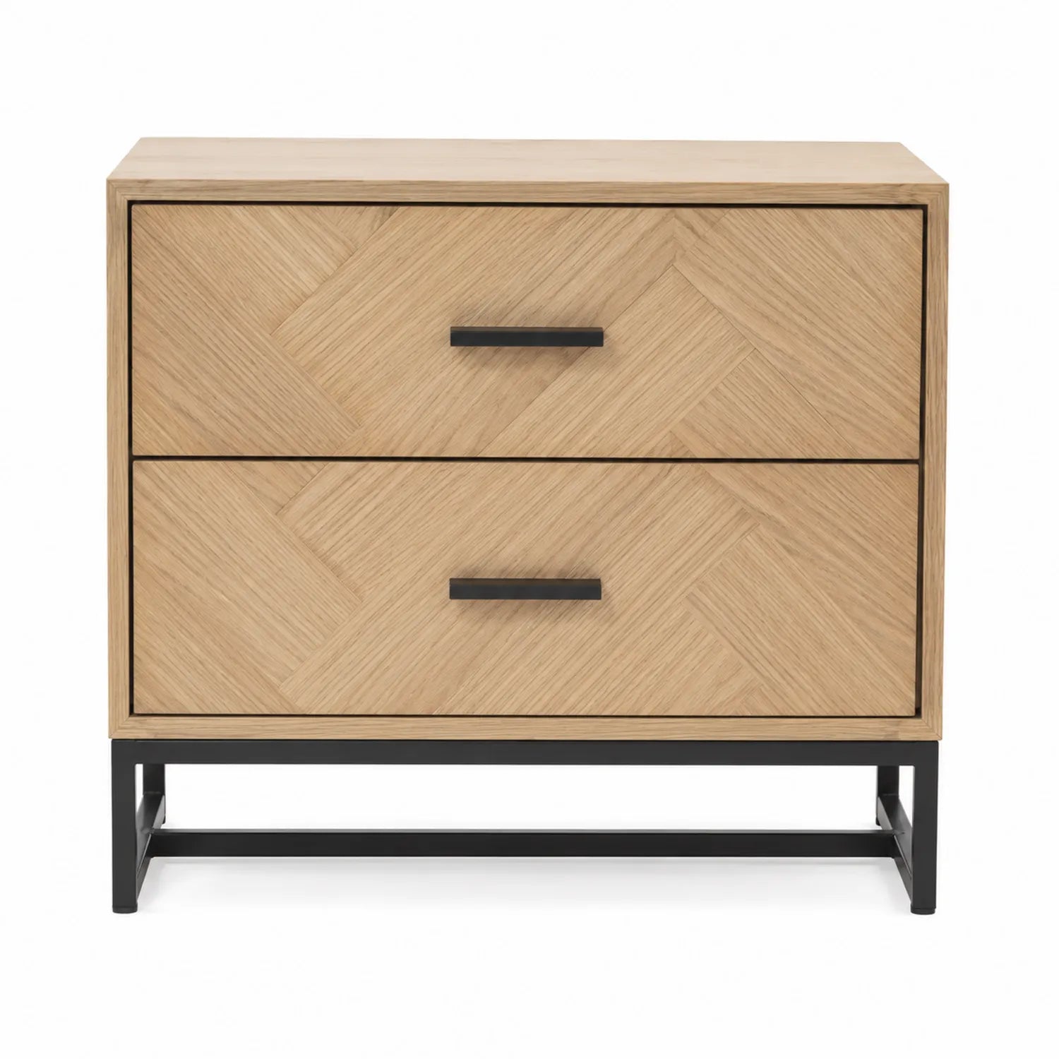 Table de chevet en bois à deux tiroirs chêne clair et métal